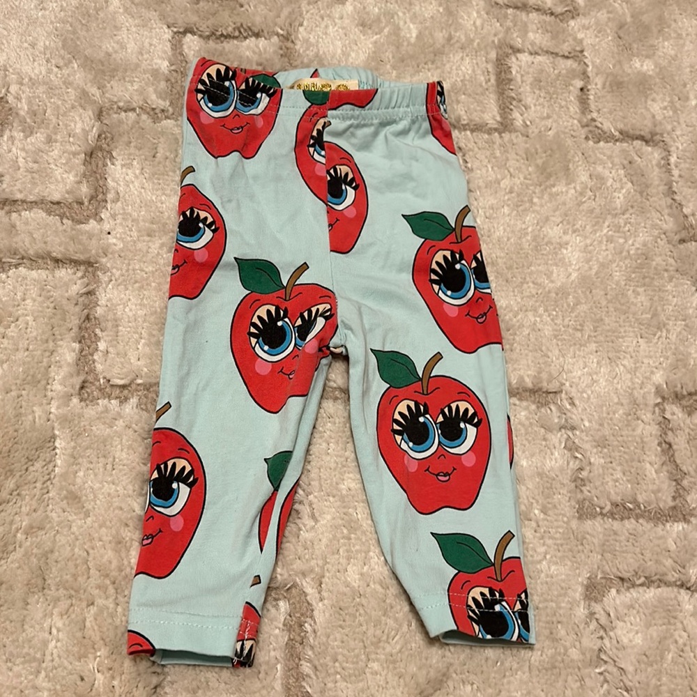Kids Red Apple Print Leggings - Light Blue Background